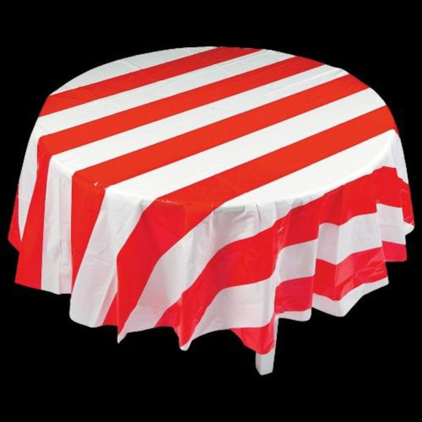 Red & White Striped Round Plastic Tablecloth
