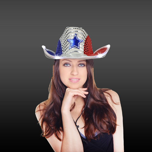 Patriotic LED Light Up Flashing Sequin Cowboy Hat - Red White & Blue Tri-Color