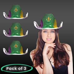 LED Light Up Flashing Mardi Gras Sequin Cowboy Hats - Pack of 3