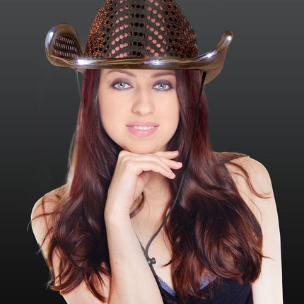 LED Light Up Flashing Brown Cowboy Hat With Sequins
