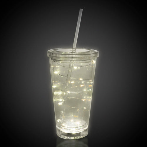 LED Light Up White 16 Oz String Double Walled Tumbler With Lid And Straw