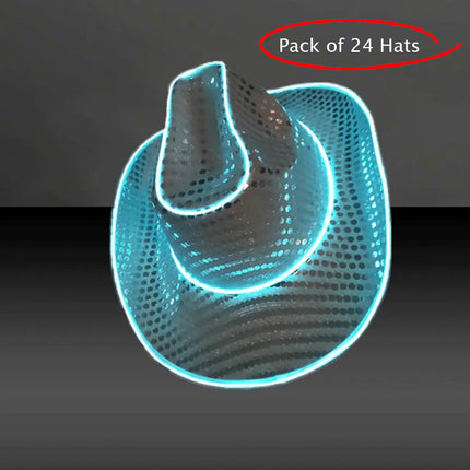 LED Flashing EL Wire Sequin White Cowboy Party Hat - Pack of 24 Hats