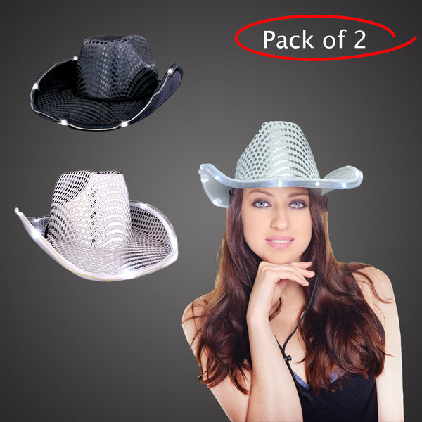 LED Light Up Flashing Sequin White & Black Cowboy Hat - Pack of 2 Hats