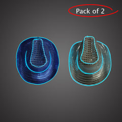 LED Light Up Flashing Neon EL Wire Sequin White & Blue Cowboy Party Hat - Pack of 2 Hats