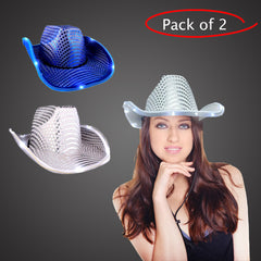 LED Light Up Flashing Sequin White & Blue Cowboy Hat - Pack of 2 Hats