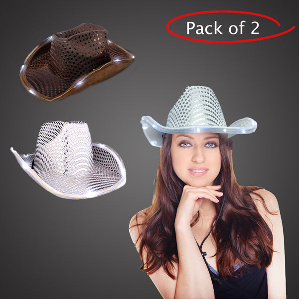 LED Light Up Flashing Sequin White & Brown Cowboy Hat - Pack of 2 Hats