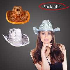 LED Light Up Flashing Sequin White & Orange Cowboy Hat - Pack of 2 Hats