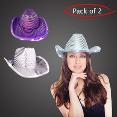 LED Light Up Flashing Sequin White & Purple Cowboy Hat - Pack of 2 Hats
