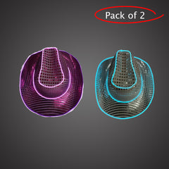 LED Light Up Flashing Neon EL Wire Sequin White & Purple Cowboy Party Hat - Pack of 2 Hats