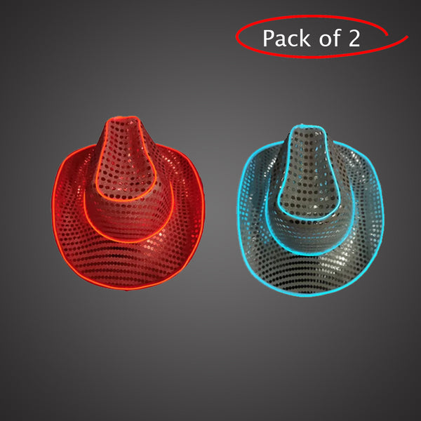 LED Light Up Flashing Neon EL Wire Sequin White & Red Cowboy Party Hat - Pack of 2 Hats