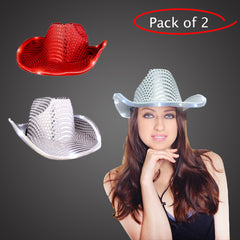 LED Light Up Flashing Sequin White & Red Cowboy Hat - Pack of 2 Hats