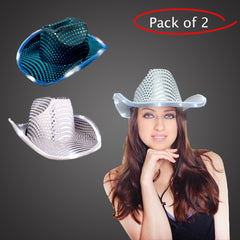 LED Light Up Flashing Sequin White & Teal Cowboy Hat - Pack of 2 Hats