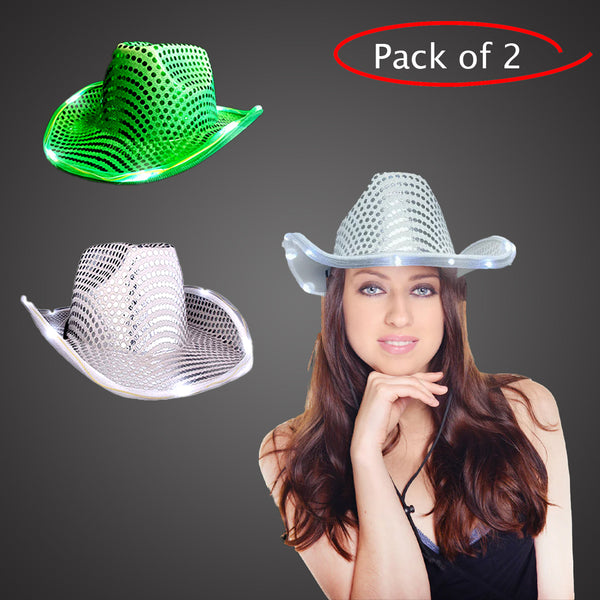 LED Light Up Flashing Sequin White & Green Cowboy Hat - Pack of 2 Hats
