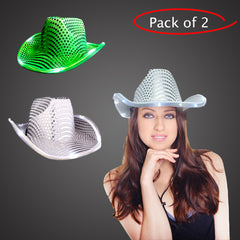 LED Light Up Flashing Sequin White & Green Cowboy Hat - Pack of 2 Hats