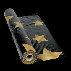 Black with Gold Stars Plastic Tablecloth Roll - 100 Feet