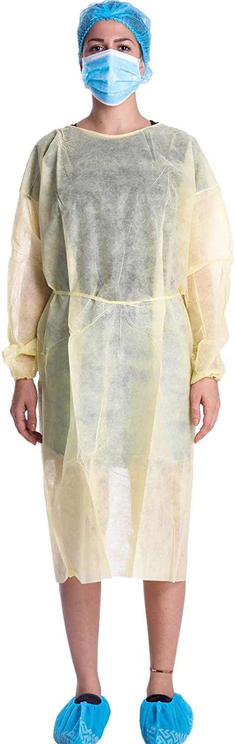 Level-1 Disposable Isolation Gowns With Long Sleeves & Knit Cuff-Yellow-Pack of 10
