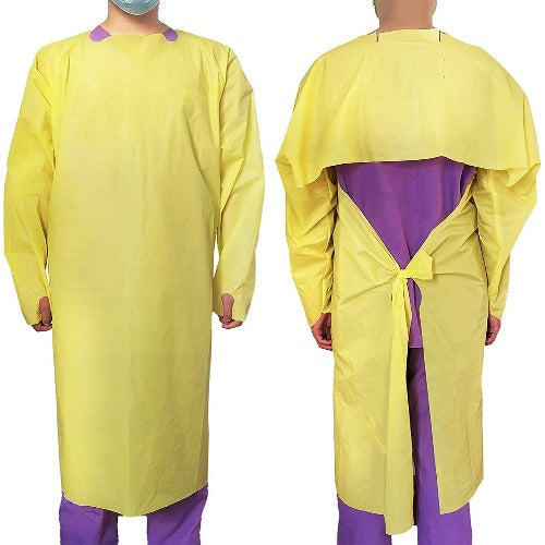 Level-3 Disposable Isolation Gowns With Back Tie,Thumbs Loop-Yellow- Pack of 20