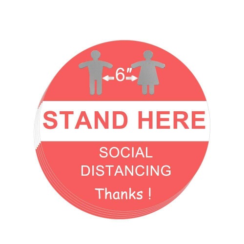 Stand Here Social Distancing Floor Decal Stickers, 6.7 Round Safety Sign - Pack of 5